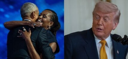 A side-by-side collage of Barack and Michelle Obama and Donald Trump