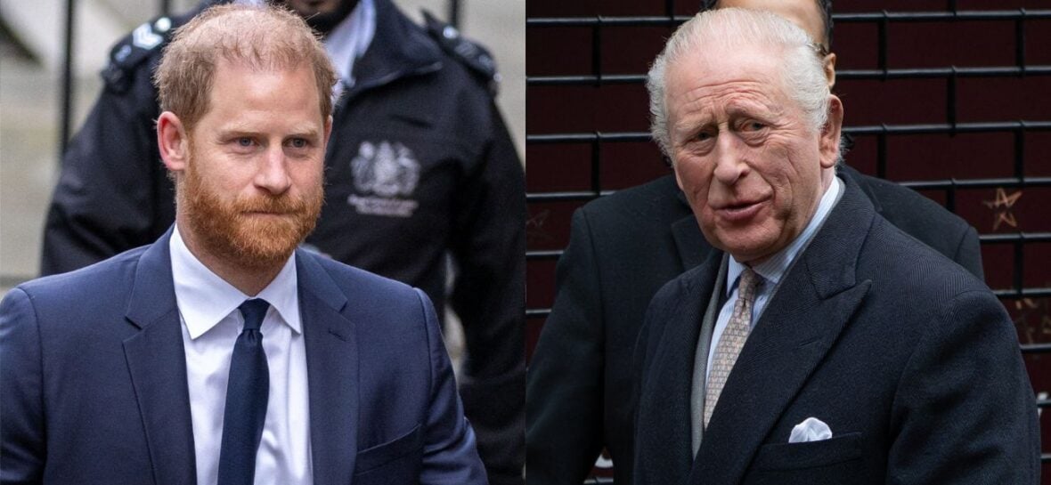 A side-by-side collage of Prince Harry and King Charles III