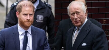 A side-by-side collage of Prince Harry and King Charles III