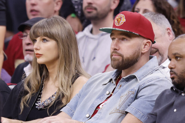 Taylor Swift and Travis Kelce attend The Knicks Game Against The Cavaliers in The Eastern Conference Finals Game 3