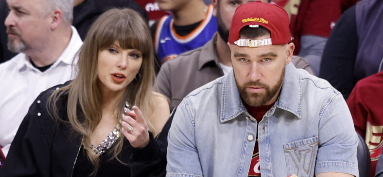 Taylor Swift and Travis Kelce attend The Knicks Game Against The Cavaliers in The Eastern Conference Finals Game 3
