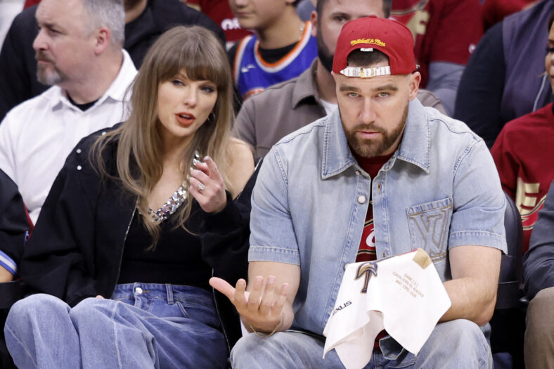 Taylor Swift and Travis Kelce attend The Knicks Game Against The Cavaliers in The Eastern Conference Finals Game 3