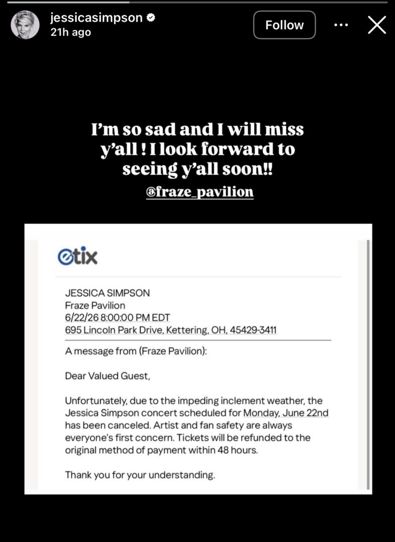 Jessica Simpson cancels Ohio concert