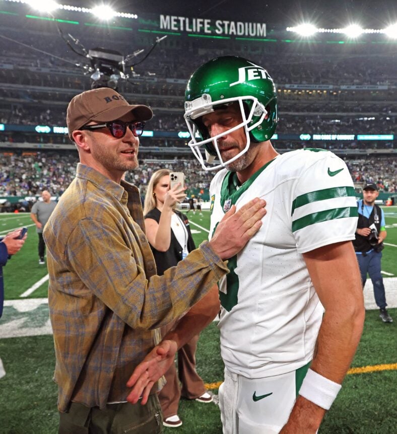 Aaron Rodgers at MetLife Stadium in East Rutherford, New Jersey - New York Jets quarterback Aaron Rodgers #8, gets off a cart on his way to the locker-room after getting injured in the 1st quarter.