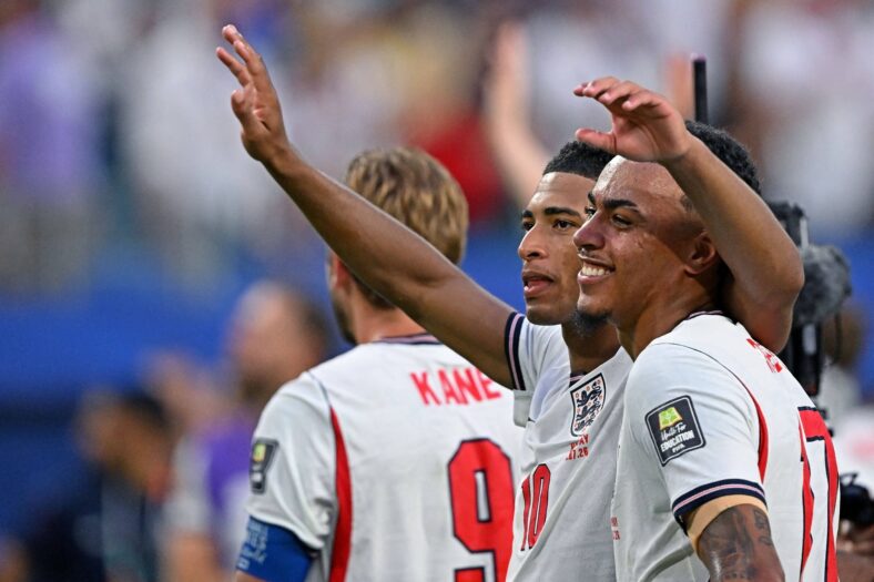 Harry Kane, Jude Bellingham, and Morgan Rogers celebrate a goal vs Norway