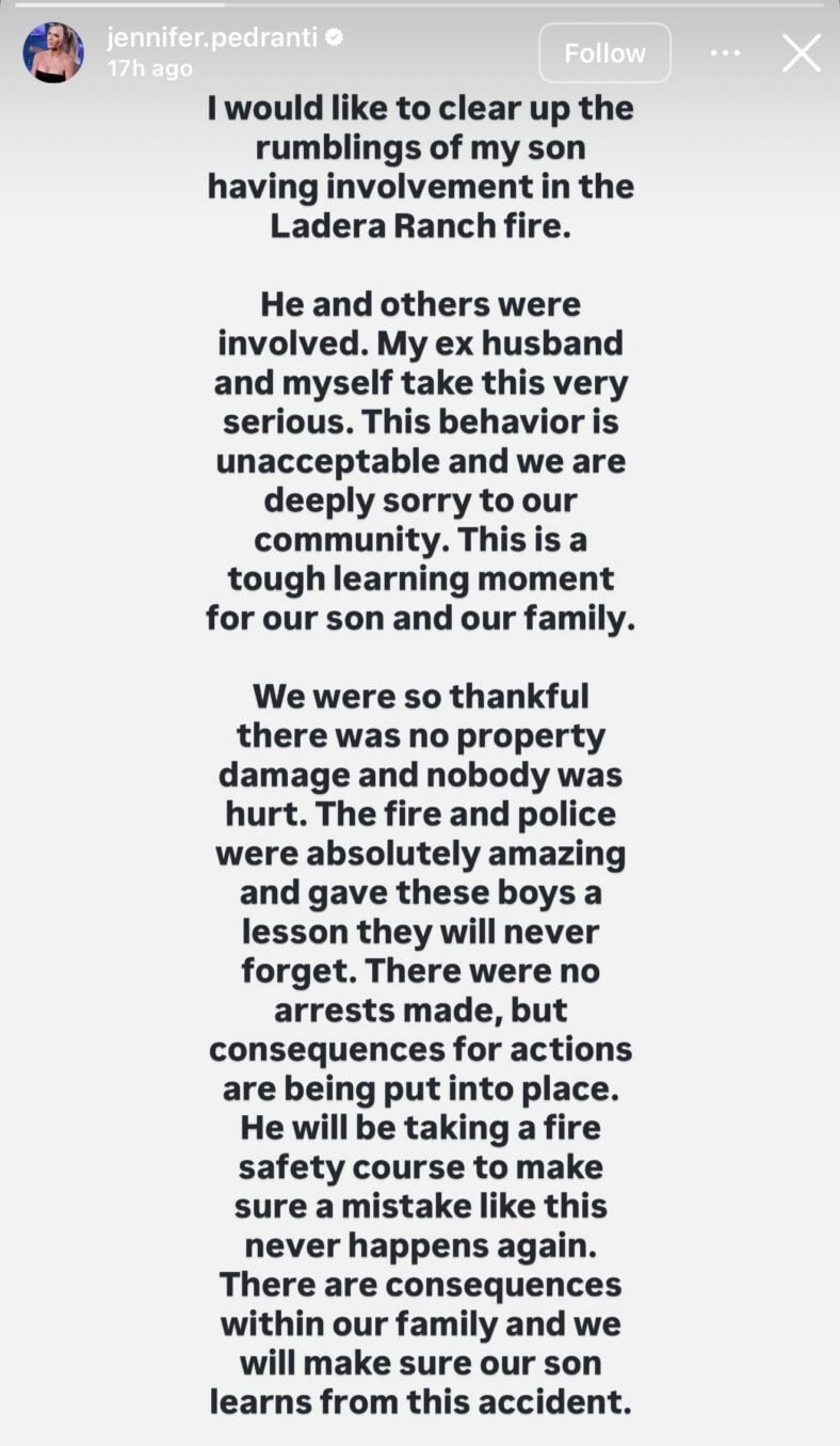 Jennifer Pedranti addresses son's involvement in wildfire