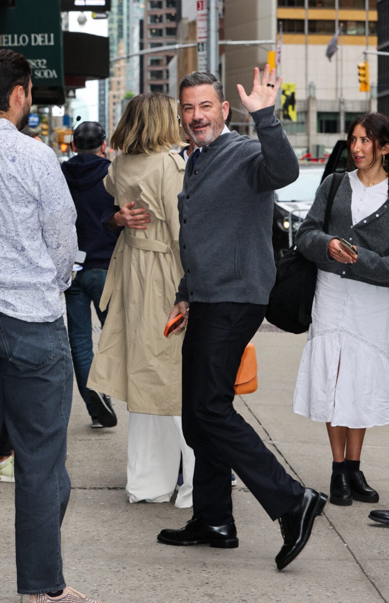 Jimmy Kimmel is all smiles arriving to the Late Show with Stephen Colbert this afternoon in New York City