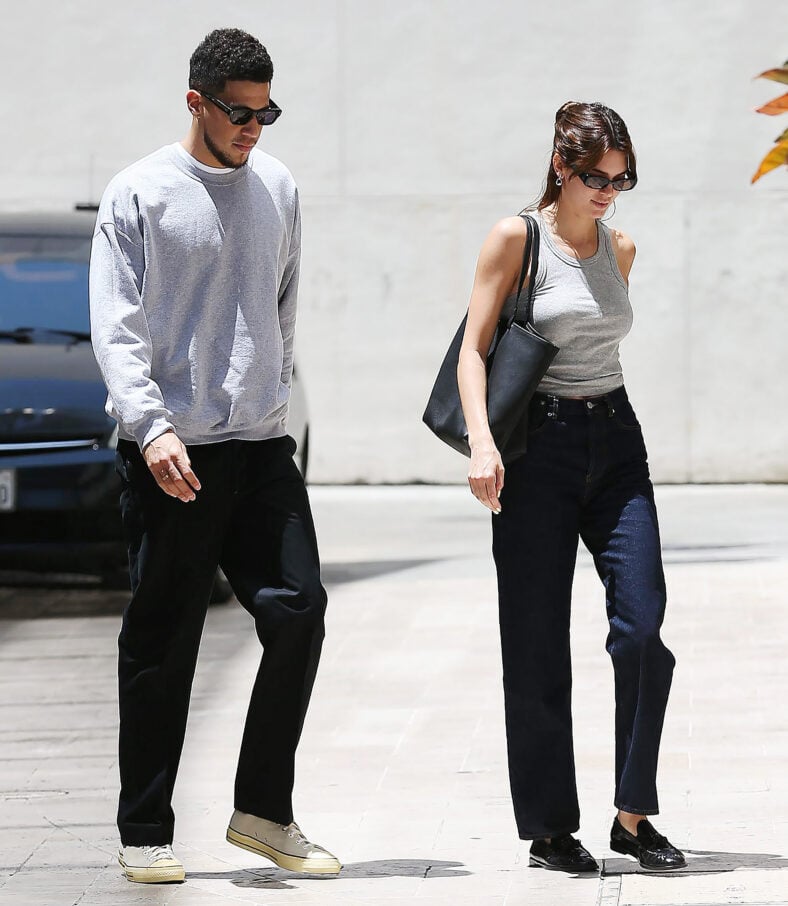 Kendall Jenner and boyfriend Devin Booker cut casual figures in matching grey shirts as they stroll in Beverly Hills