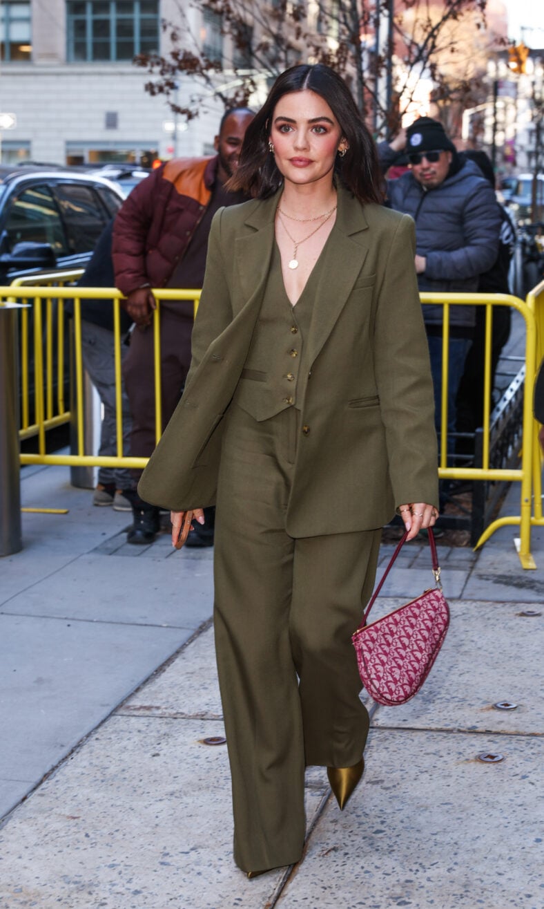 Lucy Hale is seen stepping out in a green suit while outside of the Tamron Hall Show this afternoon in New York City