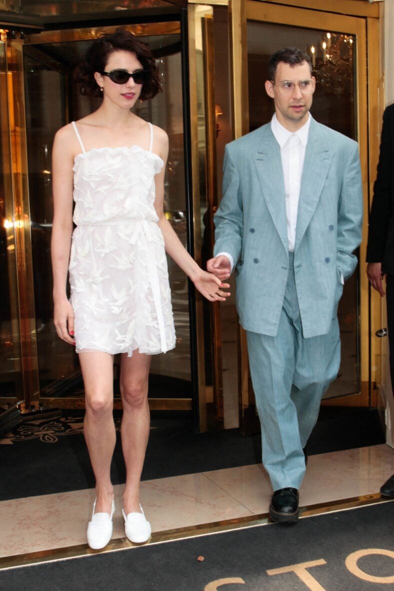 Margaret Qualley and Jack Antonoff leaving their hotel during Paris Fashion Week