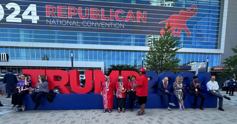 Delegates wait to enter the arena on the fourth day of the 2024 RNC