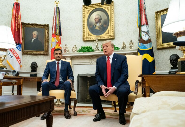 United States President Donald J. Trump speaks during a meeting with Qatar's Emir Sheikh Tamim Bin Hamad Al-Thani