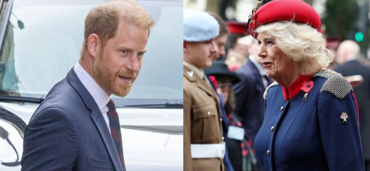 A side-by-side collage of Prince Harry and Queen Camilla