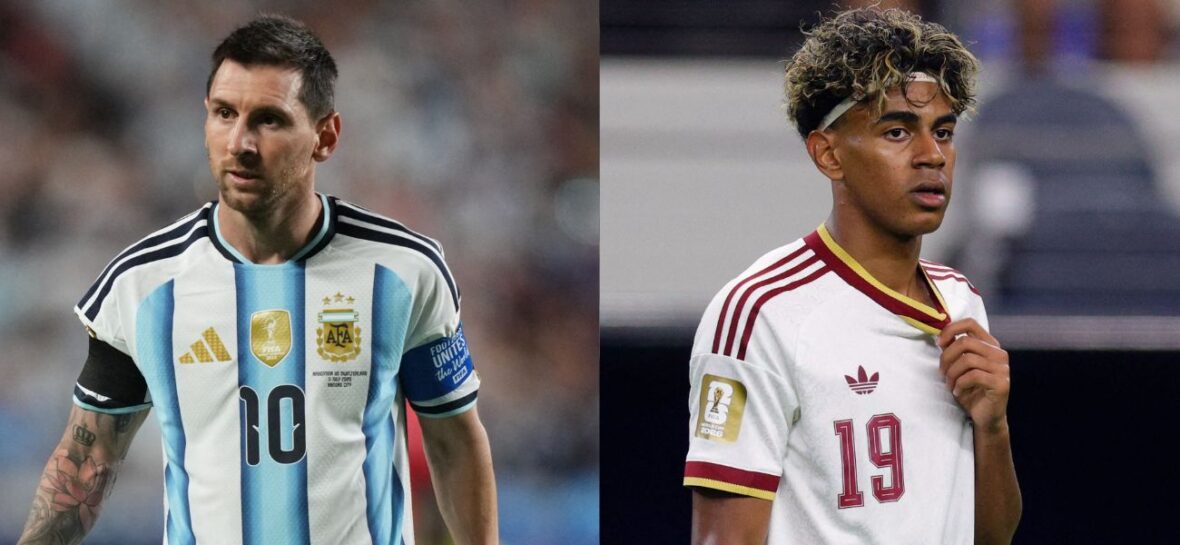 A side-by-side collage of Lionel Messi and Lamine Yamal
