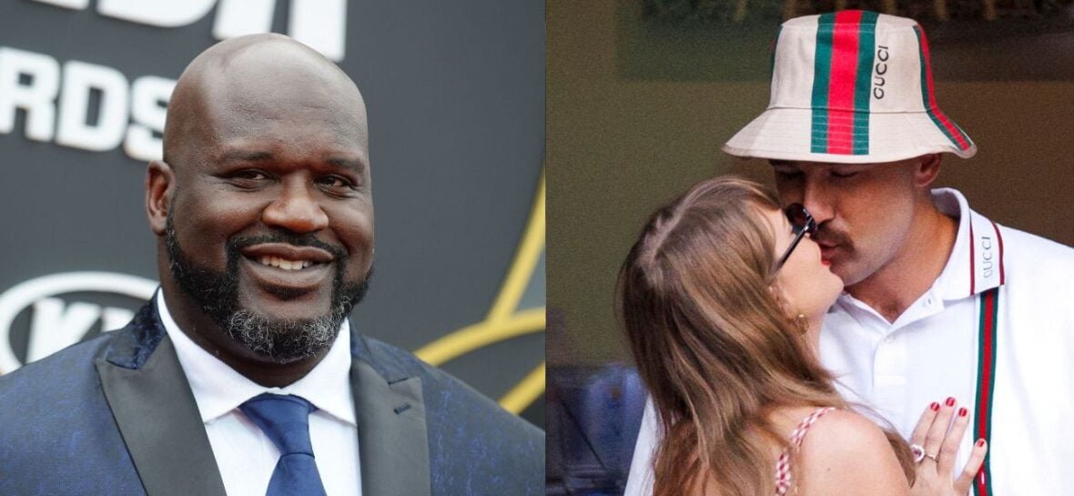 Shaq (left) Taylor Swift and Travis Kelce (right)