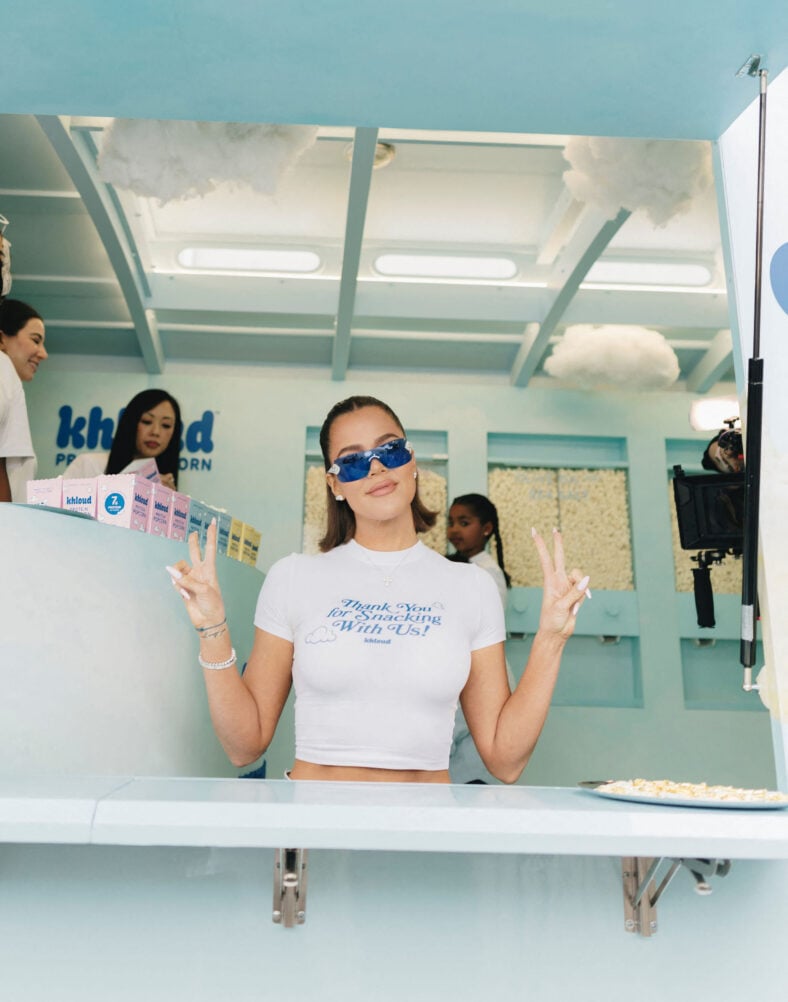 Khloé Kardashian celebrates launch of Khloud Protein Popcorn by taking out the Khloud Trolley with help from children True and Tatum