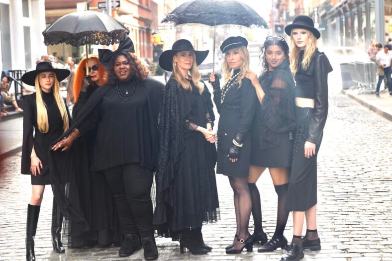 Sarah Paulson, Emma Roberts and Gabrielle Sidibe are seen on the set of American horror story Penthouse