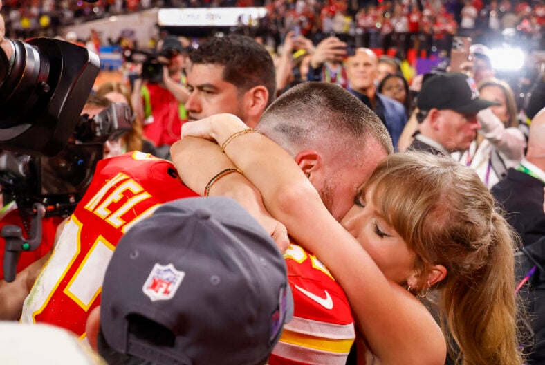 Taylor Swift embraces beau Travis Kelce after the Kansas City Chiefs win the super bowl beating the San Francisco 49ers 25-22.