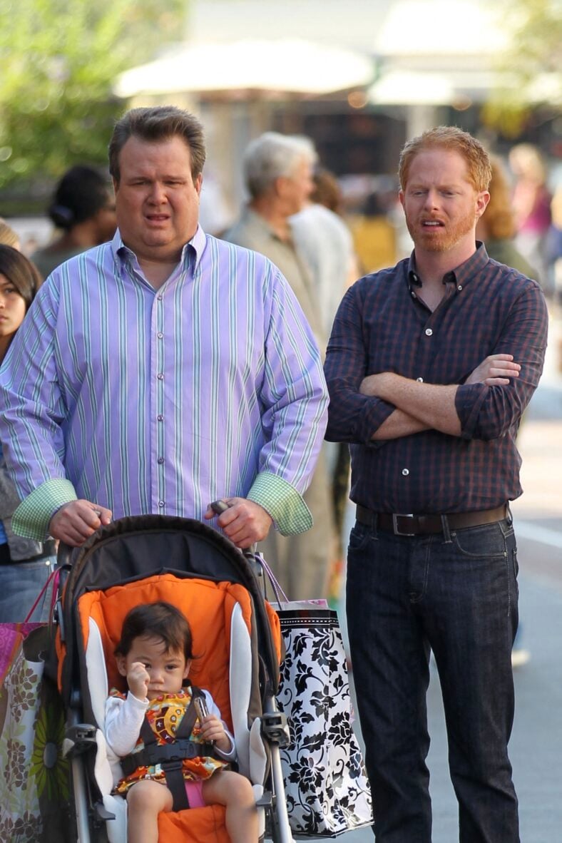 Eric Stonestreet, Ella Hiller and Jesse Tyler Ferguson
filming ABC's 'Modern Family' on location at The Grove