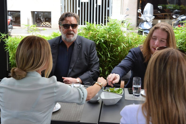 Russell Crowe spotted enjoying lunch at Armani Nobu restaurant in Milan with fiancée Britney Theriot and son Charles