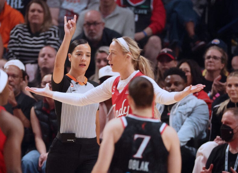 May 30, 2026: Indiana Fever guard Sophie Cunningham (8) is clearly wondering how she committed another foul during the WNBA game between the Portland Fire and the Indiana Fever at the Rose Garden, Portland, OR. Larry C. Lawson/CSM (Cal Sport Media via AP Images) (Credit Image: © Larry C. Lawson/Cal Sport Media) Newscom/(Mega Agency TagID: csmphotothree492226.jpg) [Photo via Mega Agency]