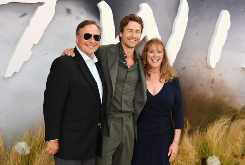 Glen Powell and his parents at Premiere Of Universal Pictures' "Twisters"