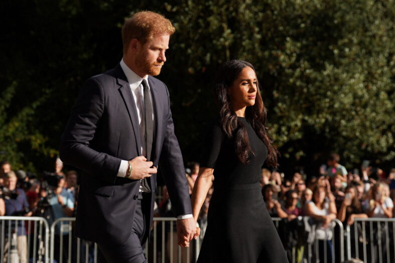 The Duke of Sussex, Duchess of Sussex, Prince of Wales and Princess of Wales meeting members of the public at Windsor Castle in Berkshire following the death of Queen Elizabeth II on Thursday.
